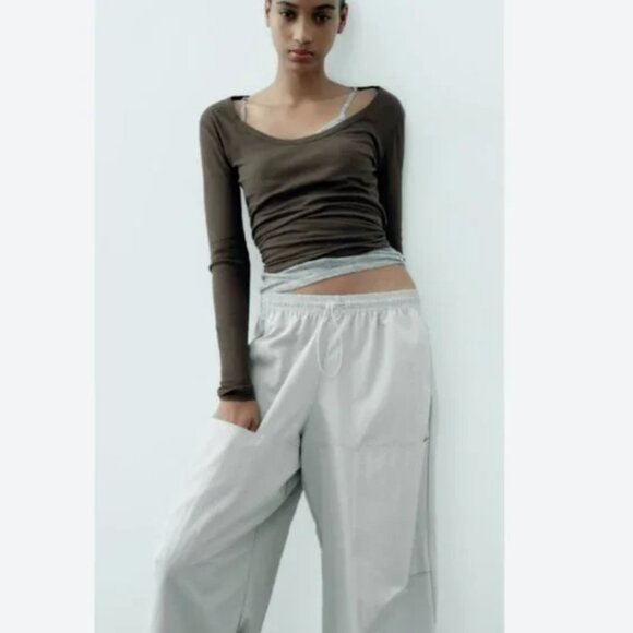 NWT ZARA NYLON PANTS WITH POCKETS BLUE GRAY - Picture 3 of 7